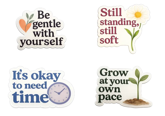 Four-sticker bundle: Be Gentle With Yourself, Grow at Your Own Pace, It's Okay to Need Time, Still Standing Still Soft