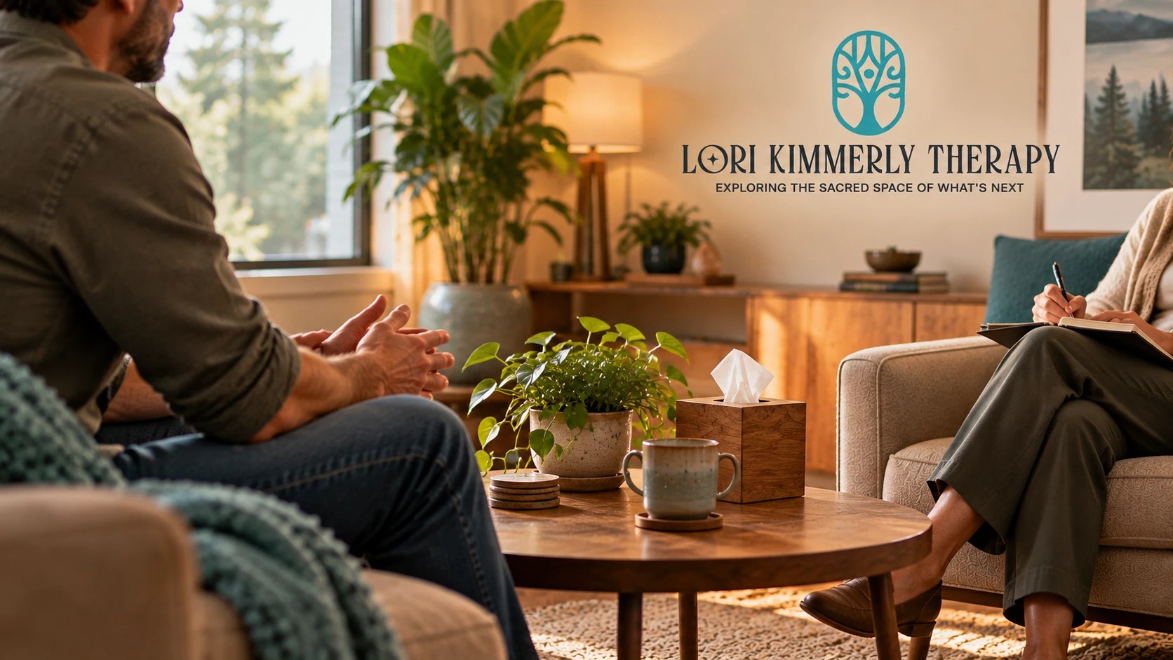 Man talking with a therapist in a warm, plant-filled therapy office - therapy for men in Renton, WA at Lori Kimmerly Therapy